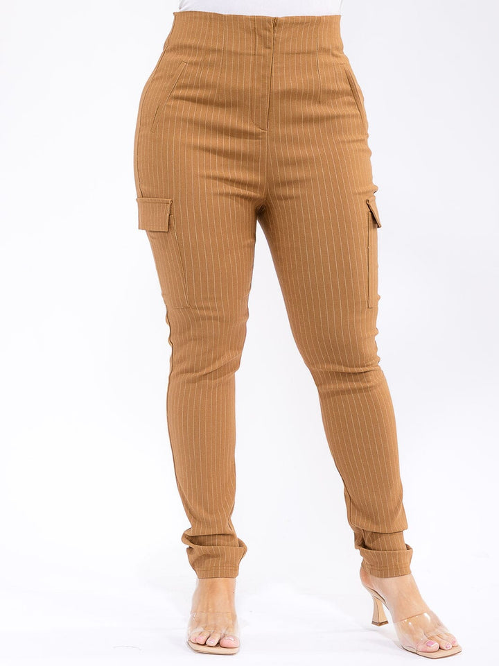 PLUS SIZE BUTTON CLOSURE CARGO POCKETS SKINNY LEG STRIPES PANTS