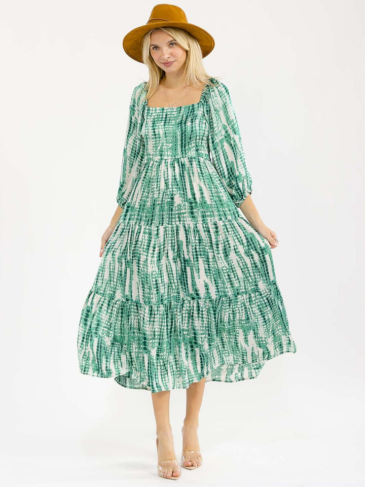 WOMEN'S 3/4 SLEEVES SQUARE NECK SMOCK ANIMAL PRINT MAXI DRESS