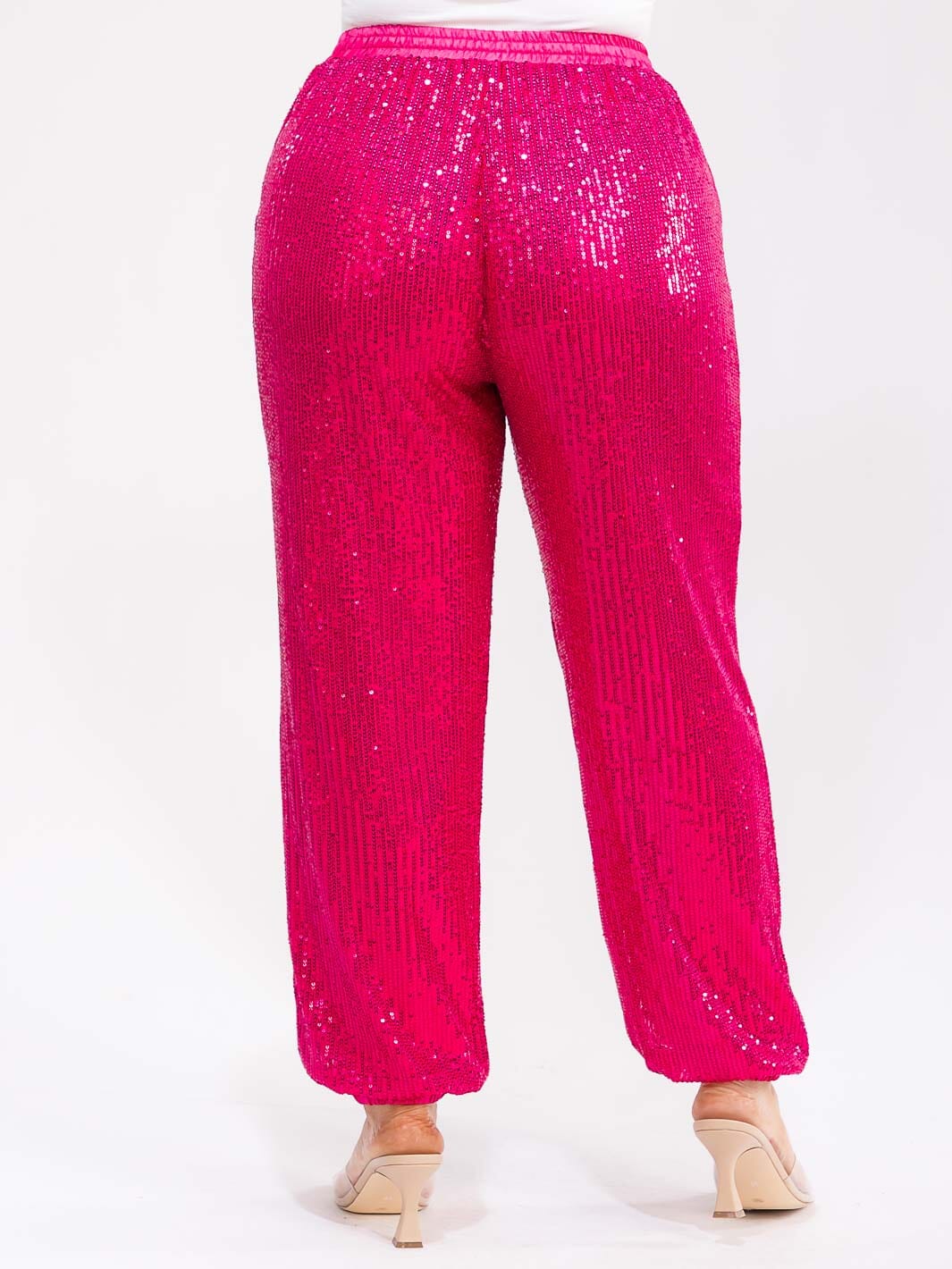 PLUS SIZE ELASTIC WAIST FRONT POCKETS JOGGER SEQUINS PANTS