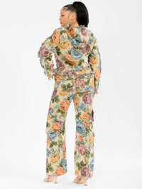 WOMEN'S LONG SLEEVE HOODED SWEATER & BUTTON CLOSURE PANTS FLORAL PRINT 2PC. SET