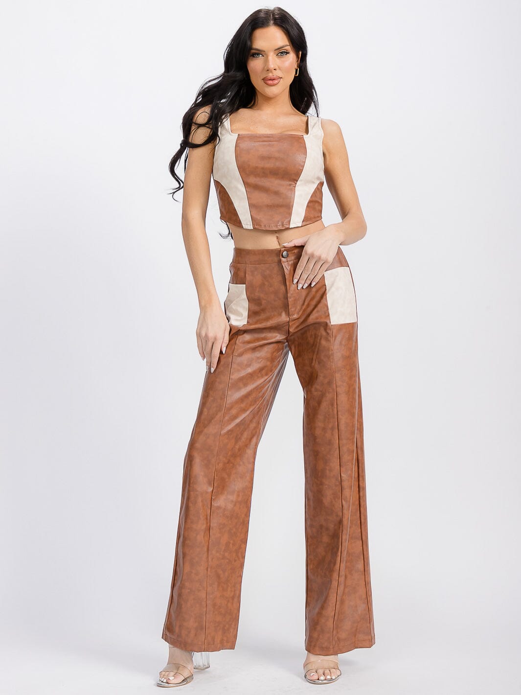 WOMEN'S SLEEVELESS CROP TOP & BUTTON CLOSURE PU PLEATHER 2PC SET.