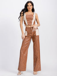WOMEN'S SLEEVELESS CROP TOP & BUTTON CLOSURE PU PLEATHER 2PC SET.