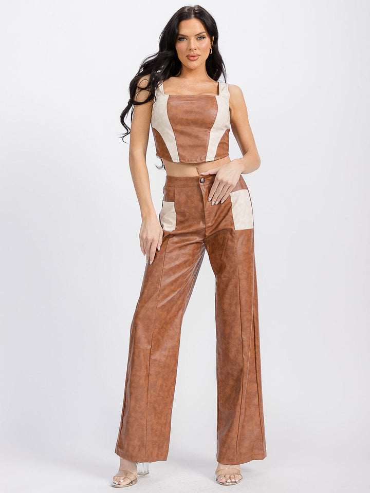 WOMEN'S SLEEVELESS CROP TOP & BUTTON CLOSURE PU PLEATHER 2PC SET.