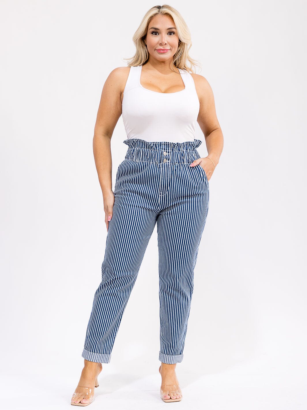 PLUS SIZE BUTTON CLOSURE POCKETS SKINNY LEG STRIPED DENIM PANTS