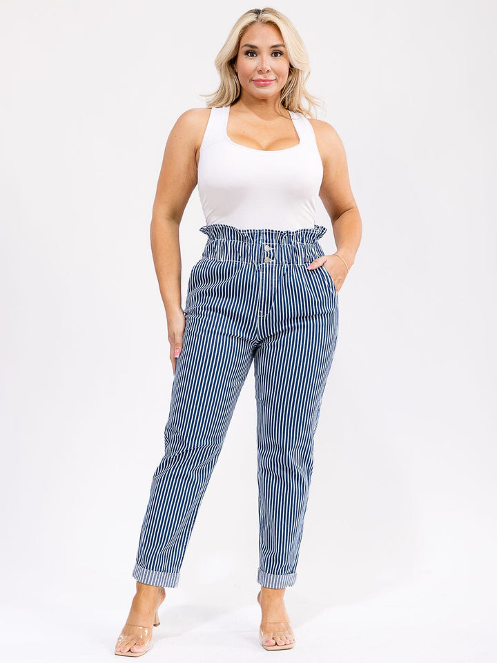 PLUS SIZE BUTTON CLOSURE POCKETS SKINNY LEG STRIPED DENIM PANTS