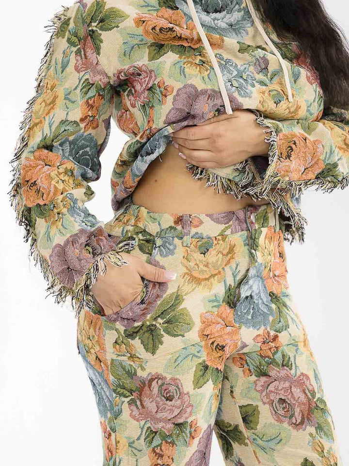 WOMEN'S LONG SLEEVE HOODED SWEATER & BUTTON CLOSURE PANTS FLORAL PRINT 2PC. SET