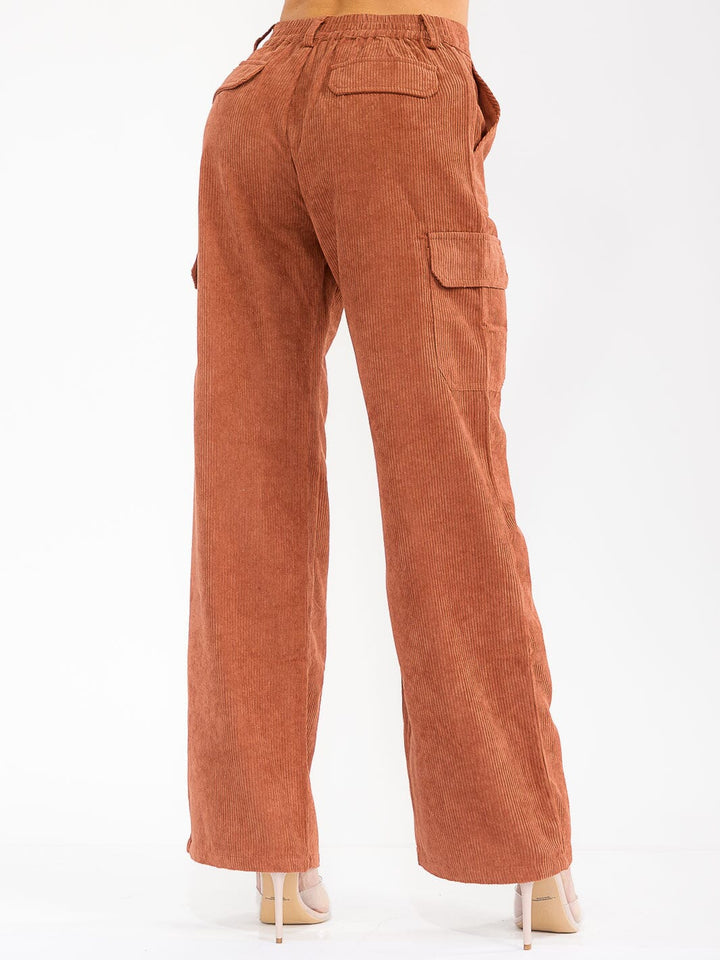 WOMEN'S BUTTON CLOSURE CARGO POCKETS WIDE LEG CORDUROY PANTS