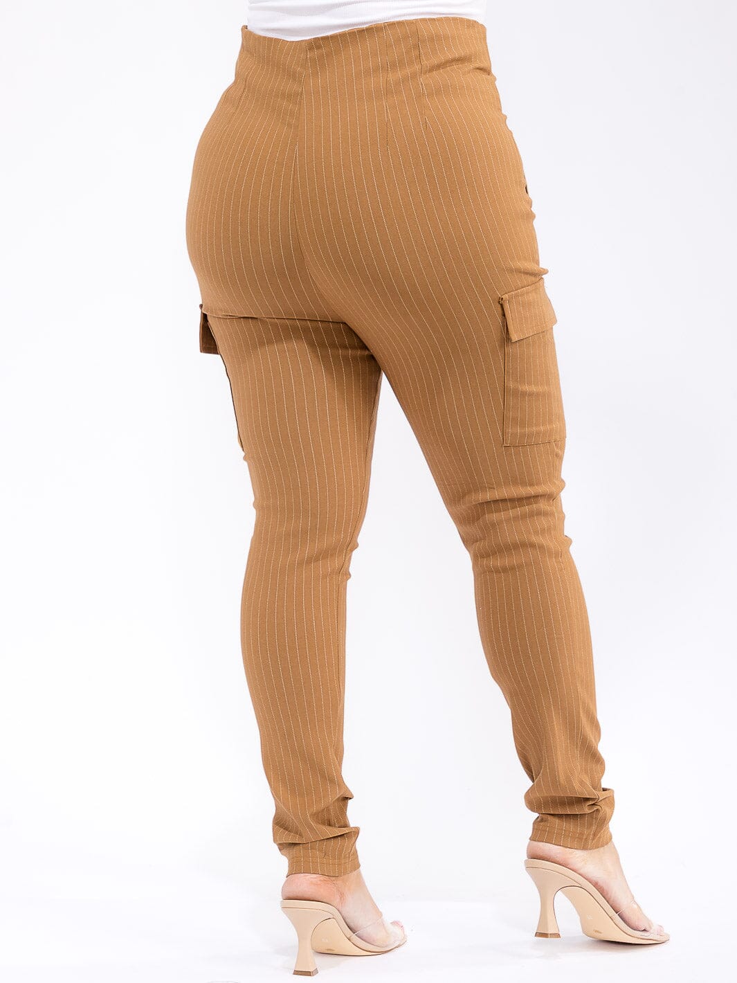 PLUS SIZE BUTTON CLOSURE CARGO POCKETS SKINNY LEG STRIPES PANTS