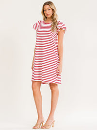 WOMEN'S SHORT SLEEVE FRONT POCKETS COLORBLOCK STRIPES MIDI DRESS