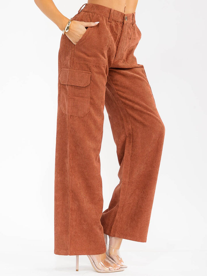 WOMEN'S BUTTON CLOSURE CARGO POCKETS WIDE LEG CORDUROY PANTS
