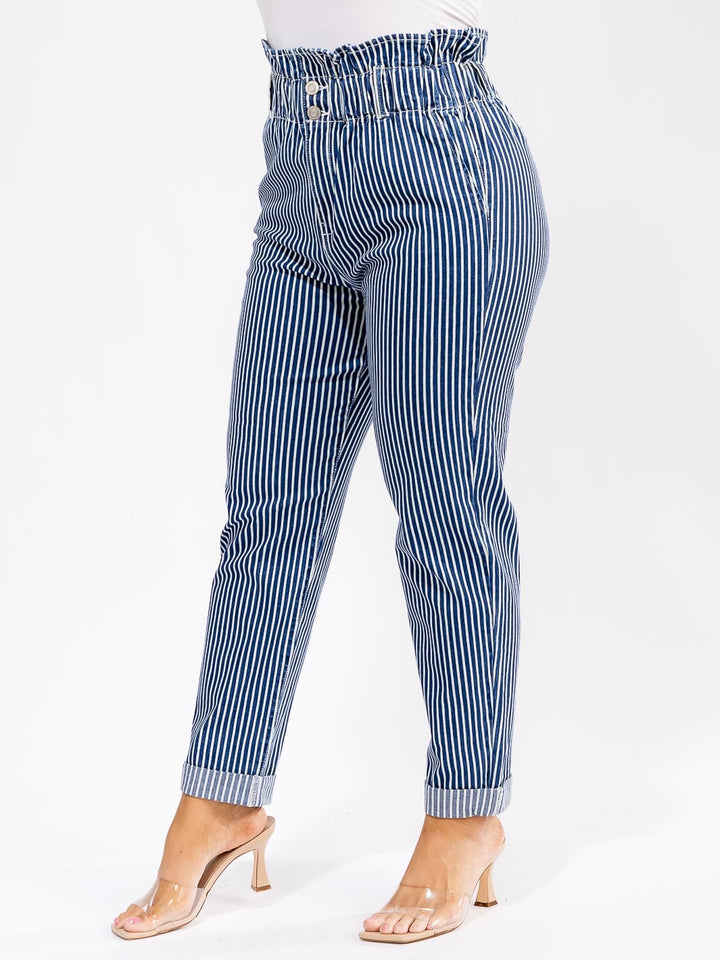 PLUS SIZE BUTTON CLOSURE POCKETS SKINNY LEG STRIPED DENIM PANTS