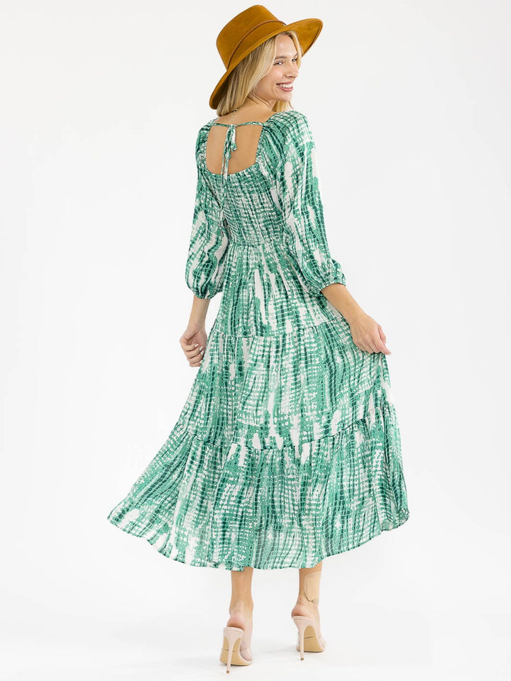 WOMEN'S 3/4 SLEEVES SQUARE NECK SMOCK ANIMAL PRINT MAXI DRESS