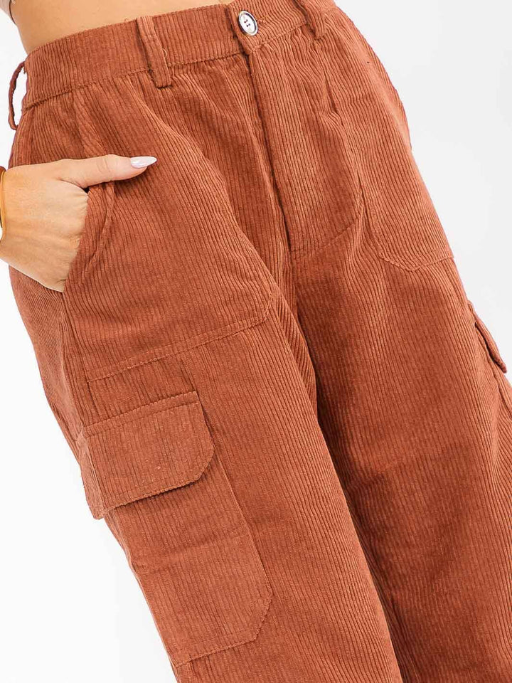 WOMEN'S BUTTON CLOSURE CARGO POCKETS WIDE LEG CORDUROY PANTS
