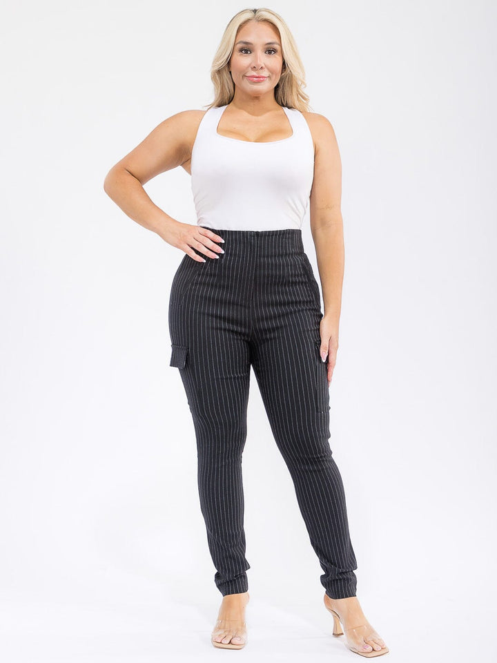 PLUS SIZE BUTTON CLOSURE CARGO POCKETS SKINNY LEG STRIPES PANTS