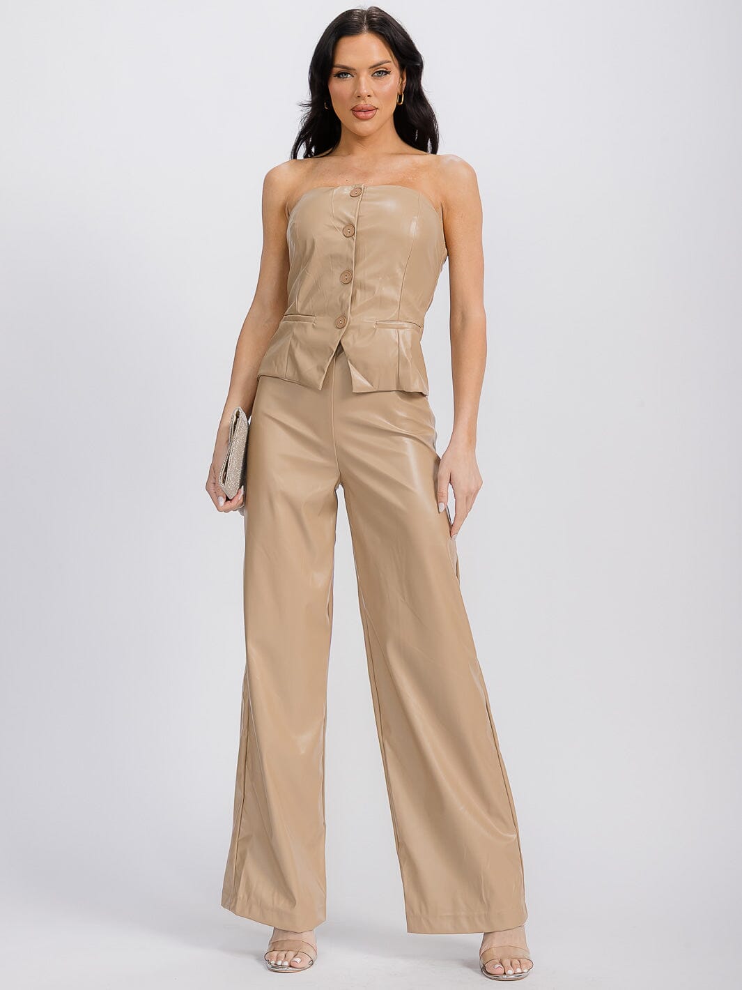 WOMEN'S SLEEVELESS PU PLEATHER WIDE LEG JUMPSUIT