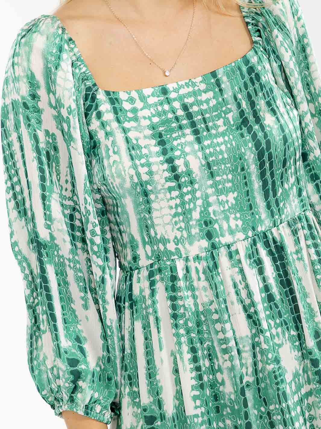 WOMEN'S 3/4 SLEEVES SQUARE NECK SMOCK ANIMAL PRINT MAXI DRESS