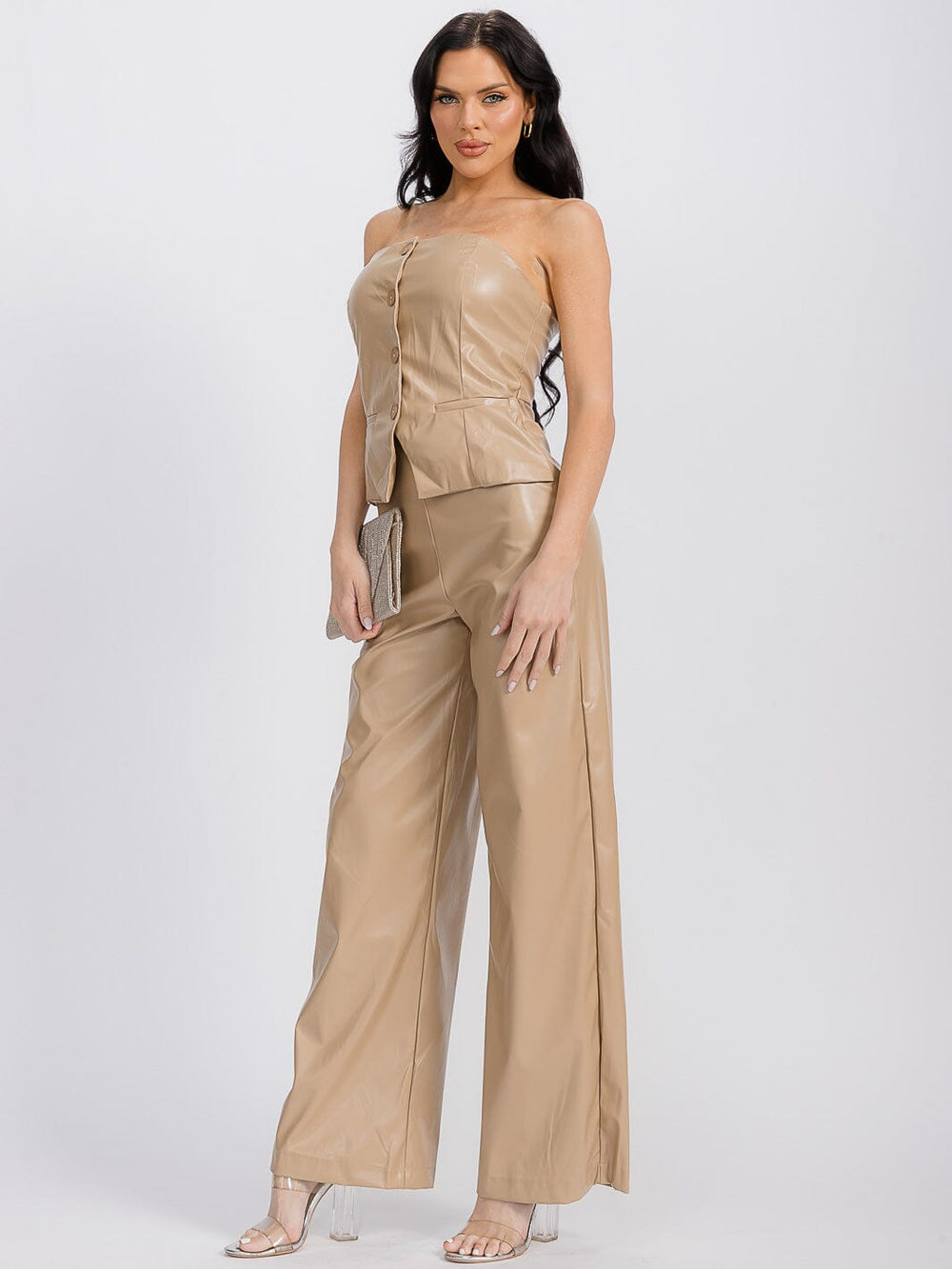 WOMEN'S SLEEVELESS PU PLEATHER WIDE LEG JUMPSUIT