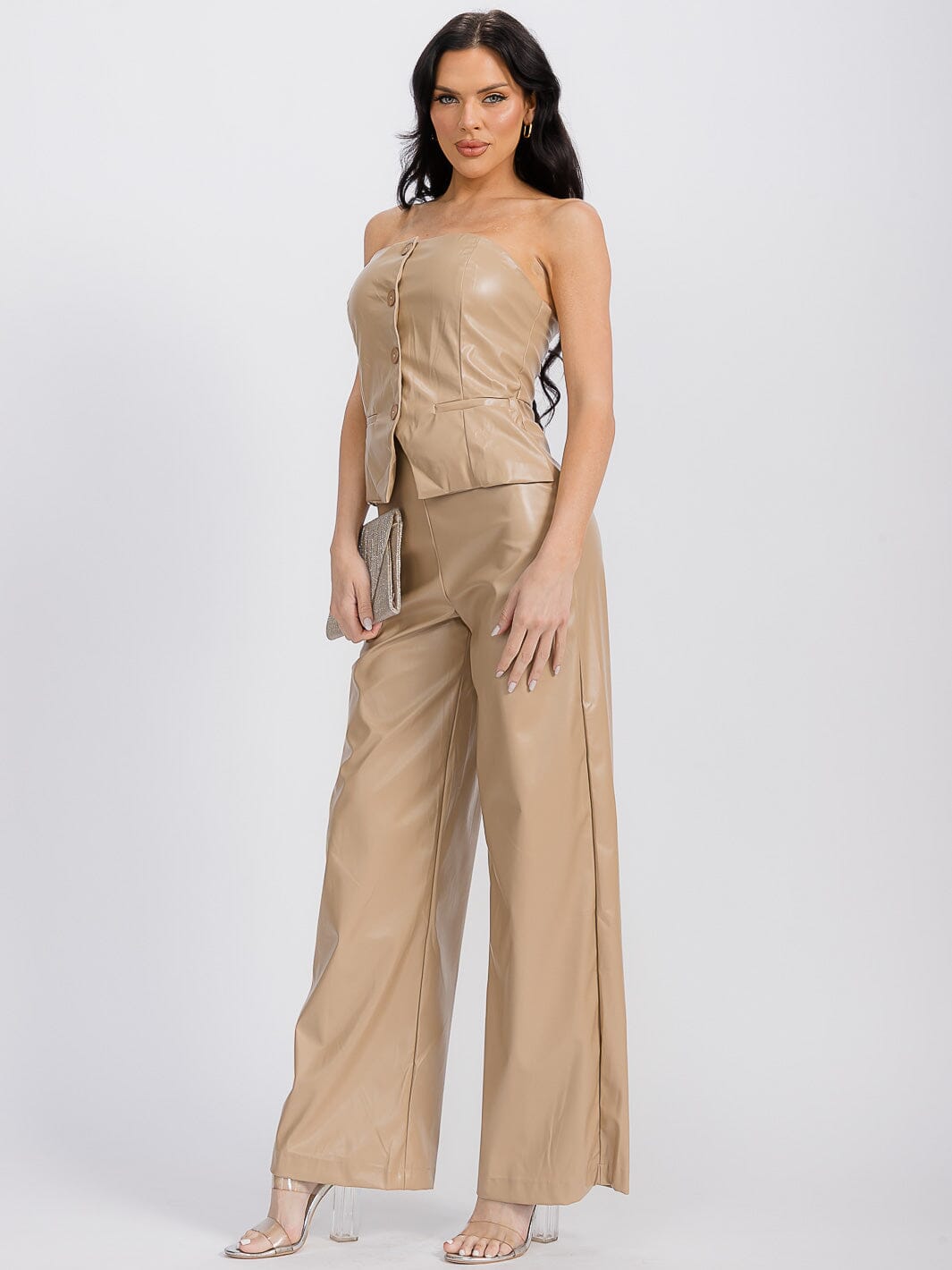 WOMEN'S SLEEVELESS PU PLEATHER WIDE LEG JUMPSUIT