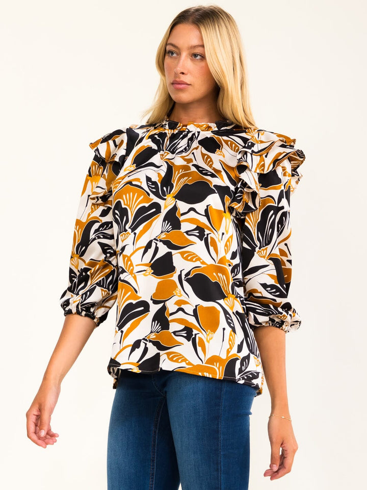 ENTRO WOMEN'S 3/4 SLEEVE RUFFLE FLORAL PRINT BLOUSE