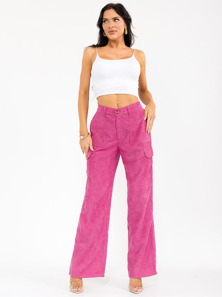 WOMEN'S BUTTON CLOSURE CARGO POCKETS WIDE LEG CORDUROY PANTS