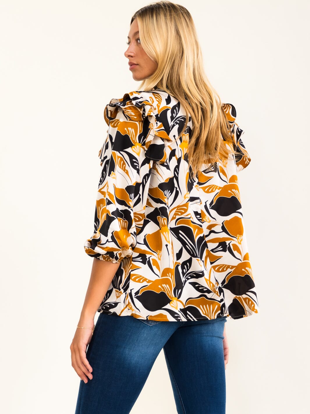 ENTRO WOMEN'S 3/4 SLEEVE RUFFLE FLORAL PRINT BLOUSE