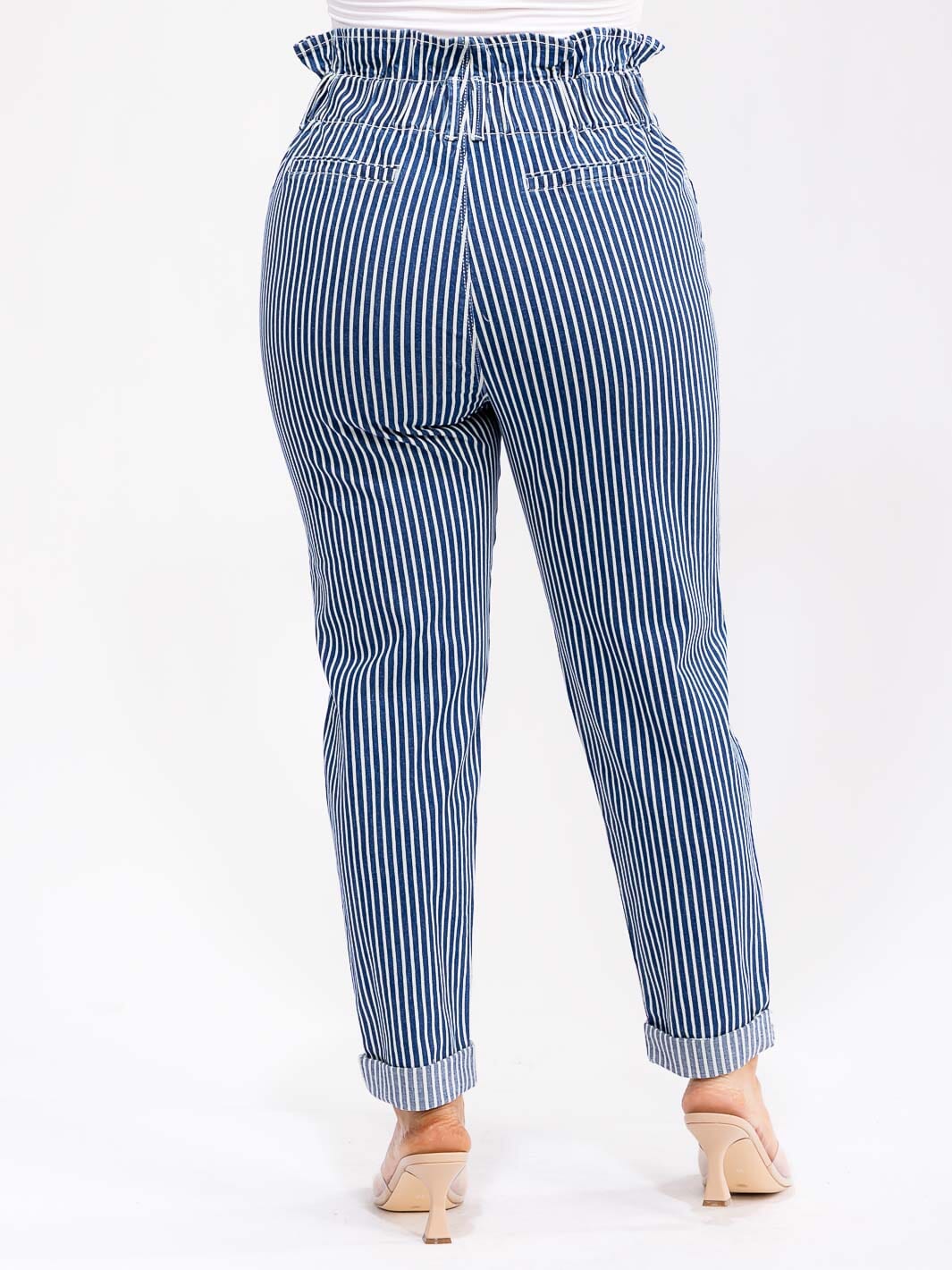 PLUS SIZE BUTTON CLOSURE POCKETS SKINNY LEG STRIPED DENIM PANTS