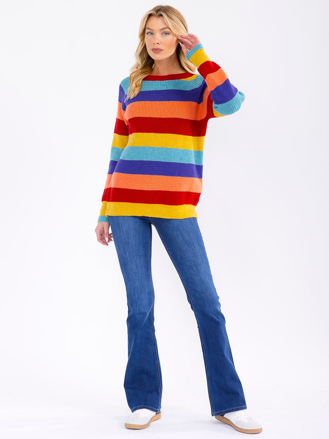 WOMEN'S LONG SLEEVE COLORBLOCK STRIPES PULLOVER KNIT SWEATER