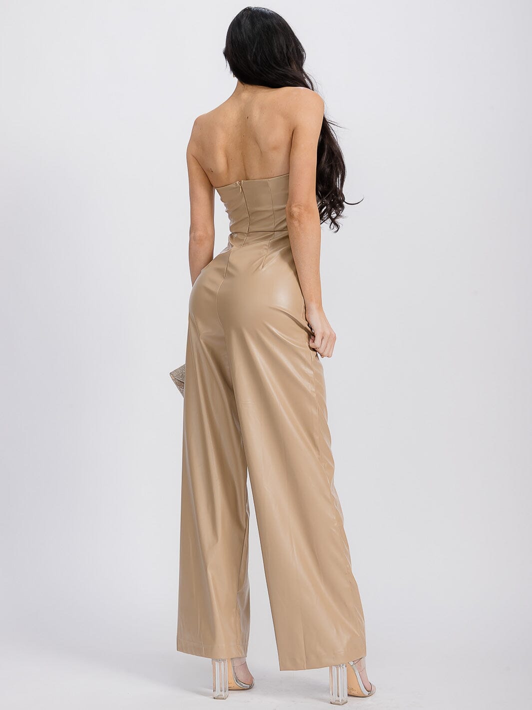 WOMEN'S SLEEVELESS PU PLEATHER WIDE LEG JUMPSUIT