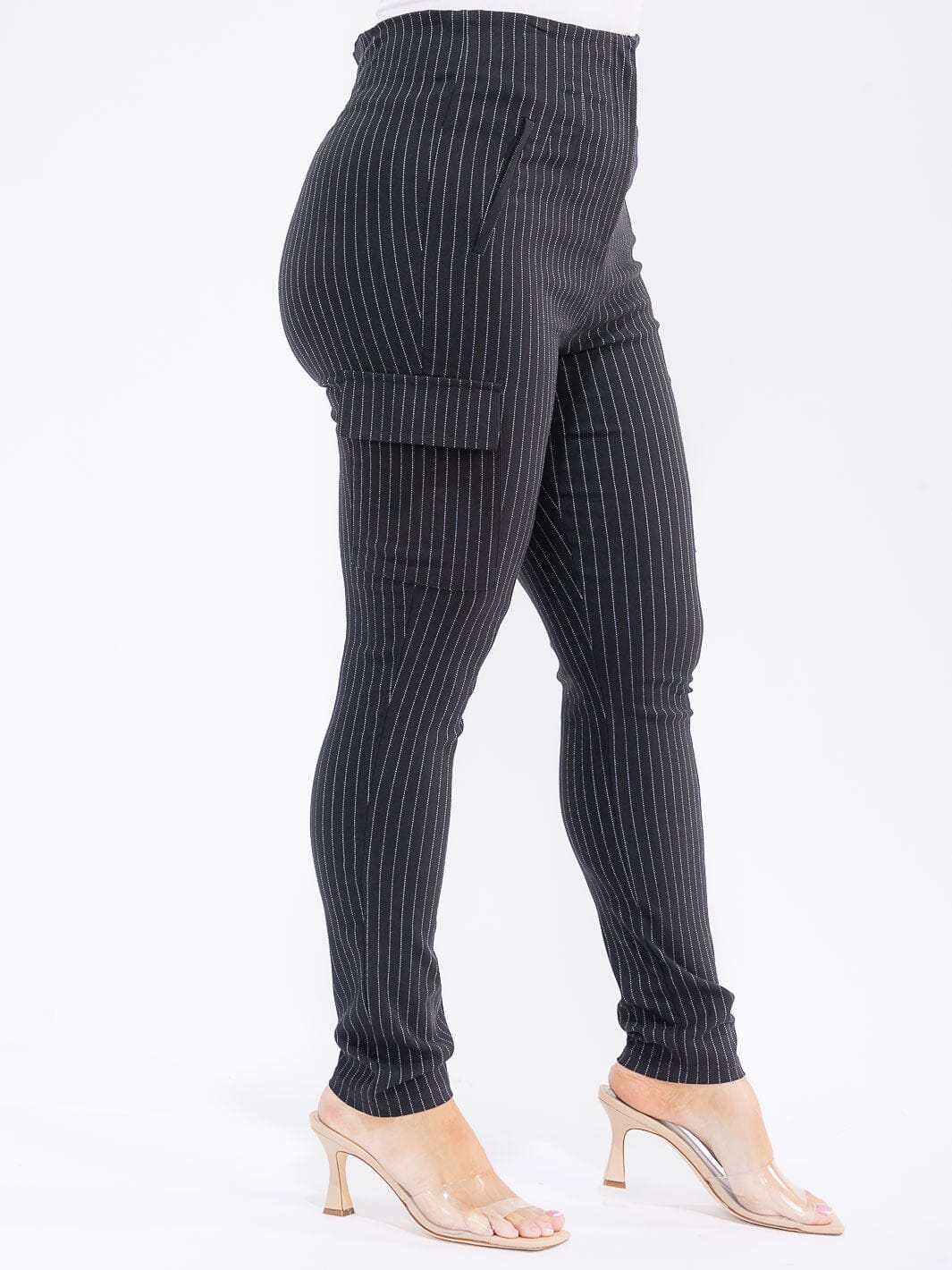 PLUS SIZE BUTTON CLOSURE CARGO POCKETS SKINNY LEG STRIPES PANTS