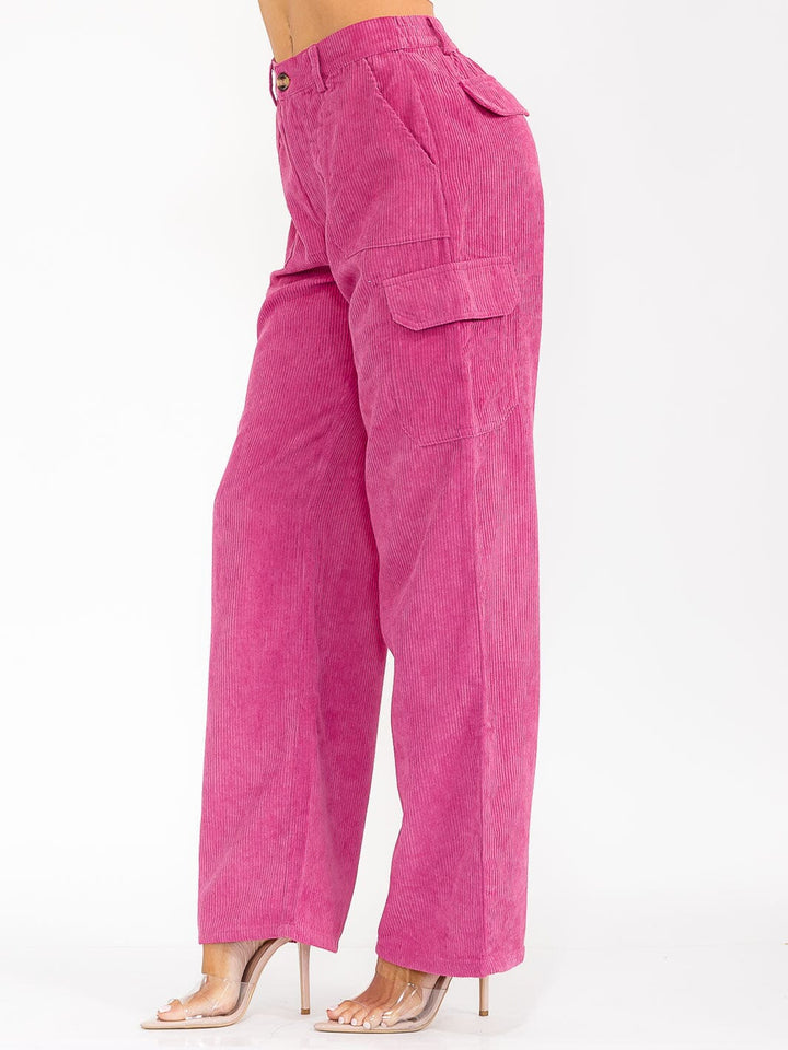 WOMEN'S BUTTON CLOSURE CARGO POCKETS WIDE LEG CORDUROY PANTS