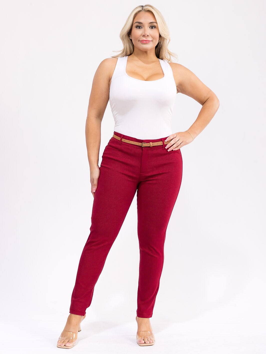 PLUS SIZE BUTTON CLOSURE BELTED SKINNY LEG PANTS