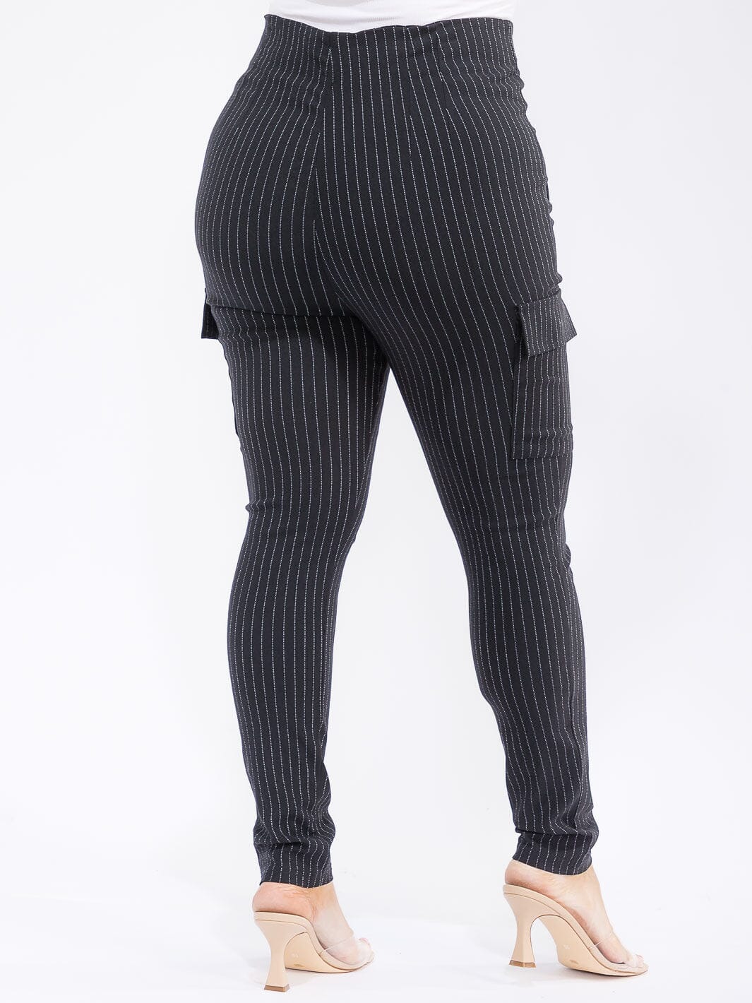 PLUS SIZE BUTTON CLOSURE CARGO POCKETS SKINNY LEG STRIPES PANTS