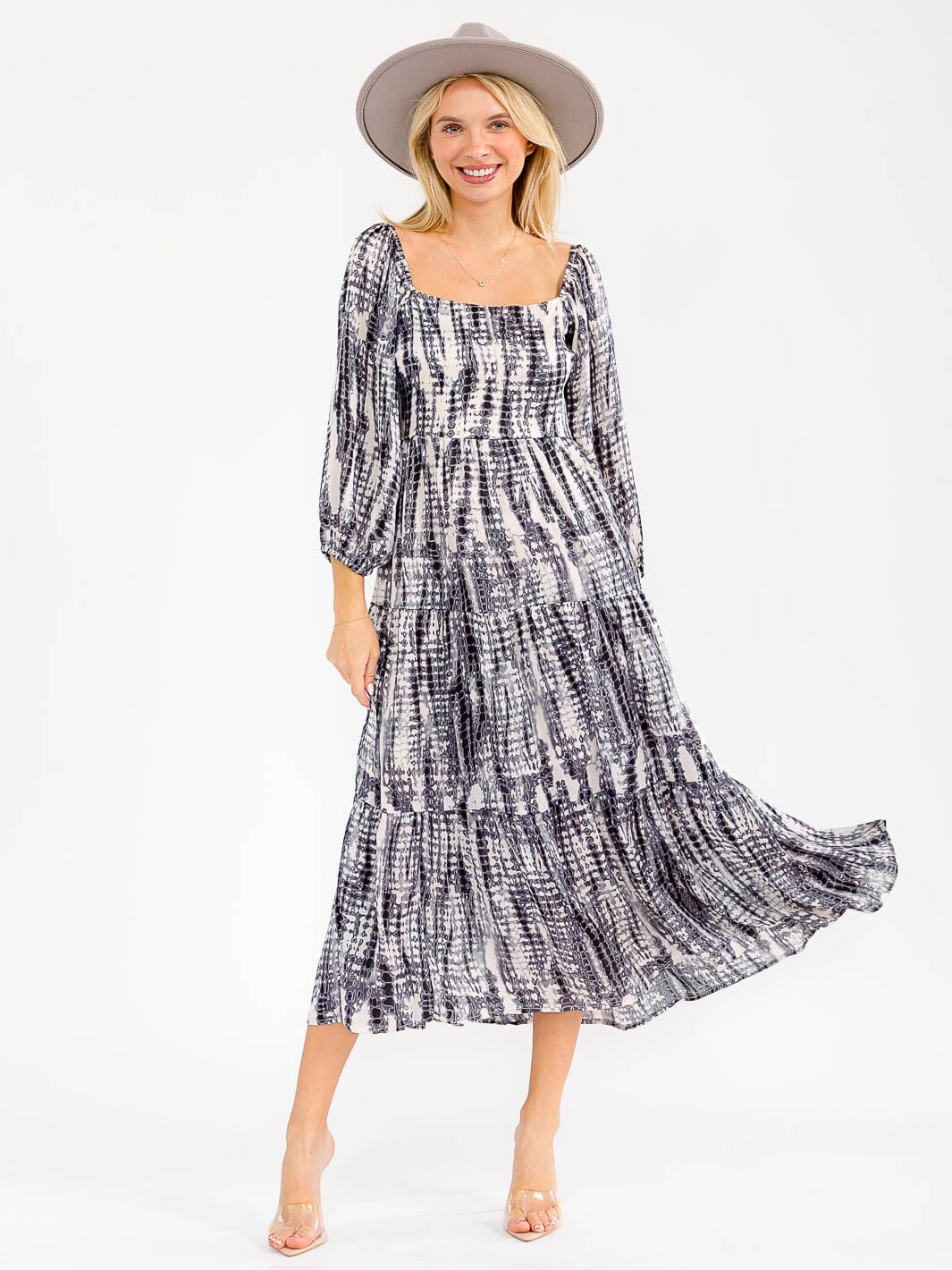 WOMEN'S 3/4 SLEEVES SQUARE NECK SMOCK ANIMAL PRINT MAXI DRESS