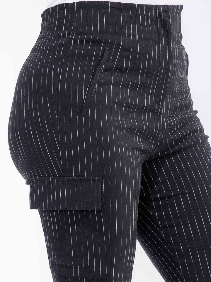 PLUS SIZE BUTTON CLOSURE CARGO POCKETS SKINNY LEG STRIPES PANTS