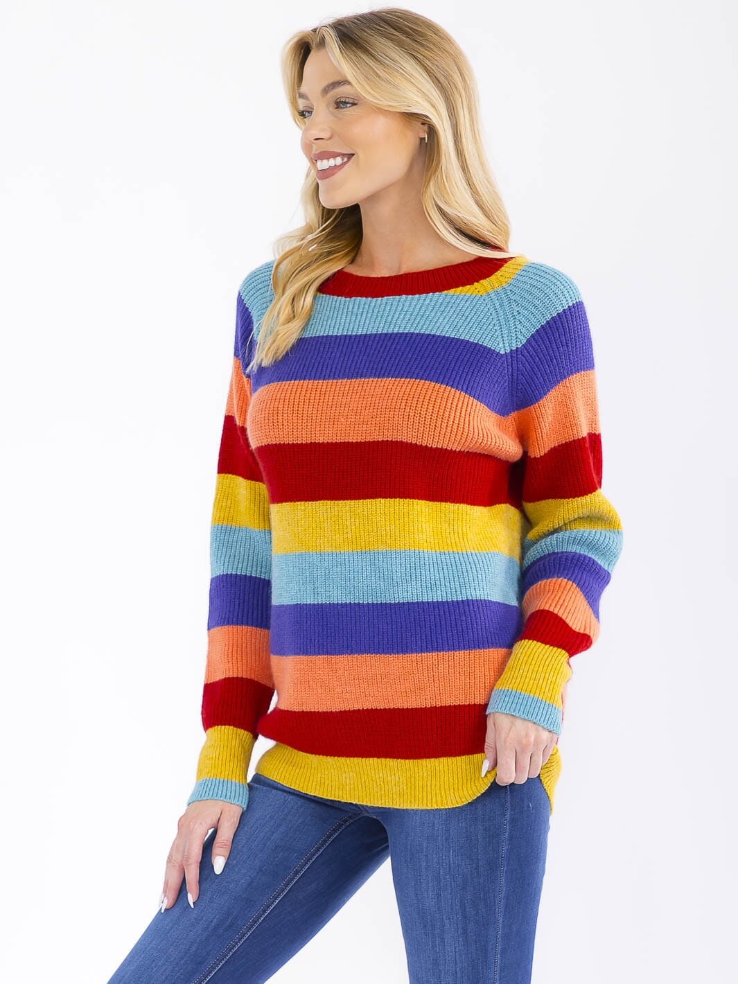 WOMEN'S LONG SLEEVE COLORBLOCK STRIPES PULLOVER KNIT SWEATER