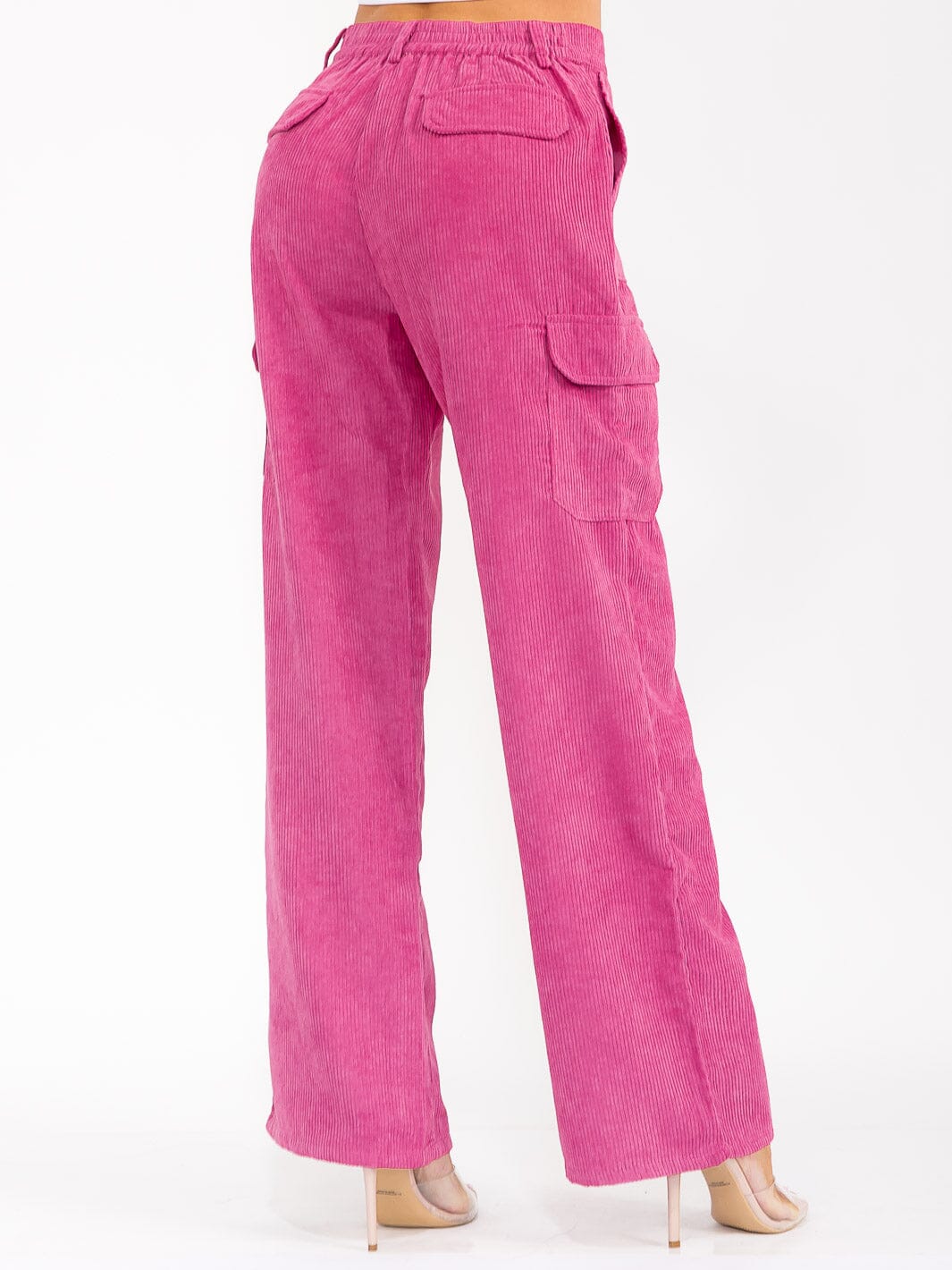 WOMEN'S BUTTON CLOSURE CARGO POCKETS WIDE LEG CORDUROY PANTS