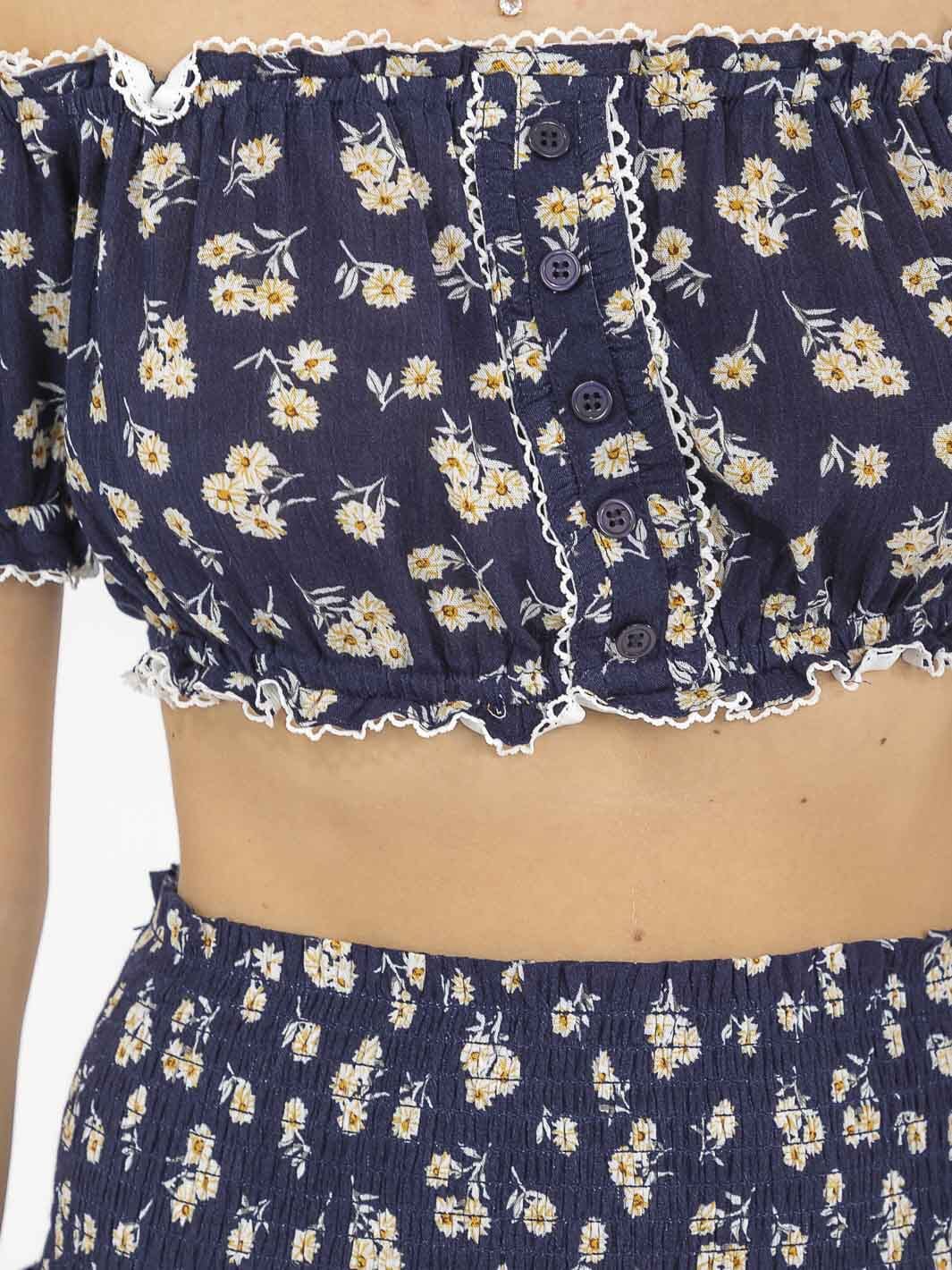 WOMEN'S OFF SHOULDER CROP TOP & ELASTIC WAIST MINI SKIRT RUFFLE FLORAL 2PC. SET