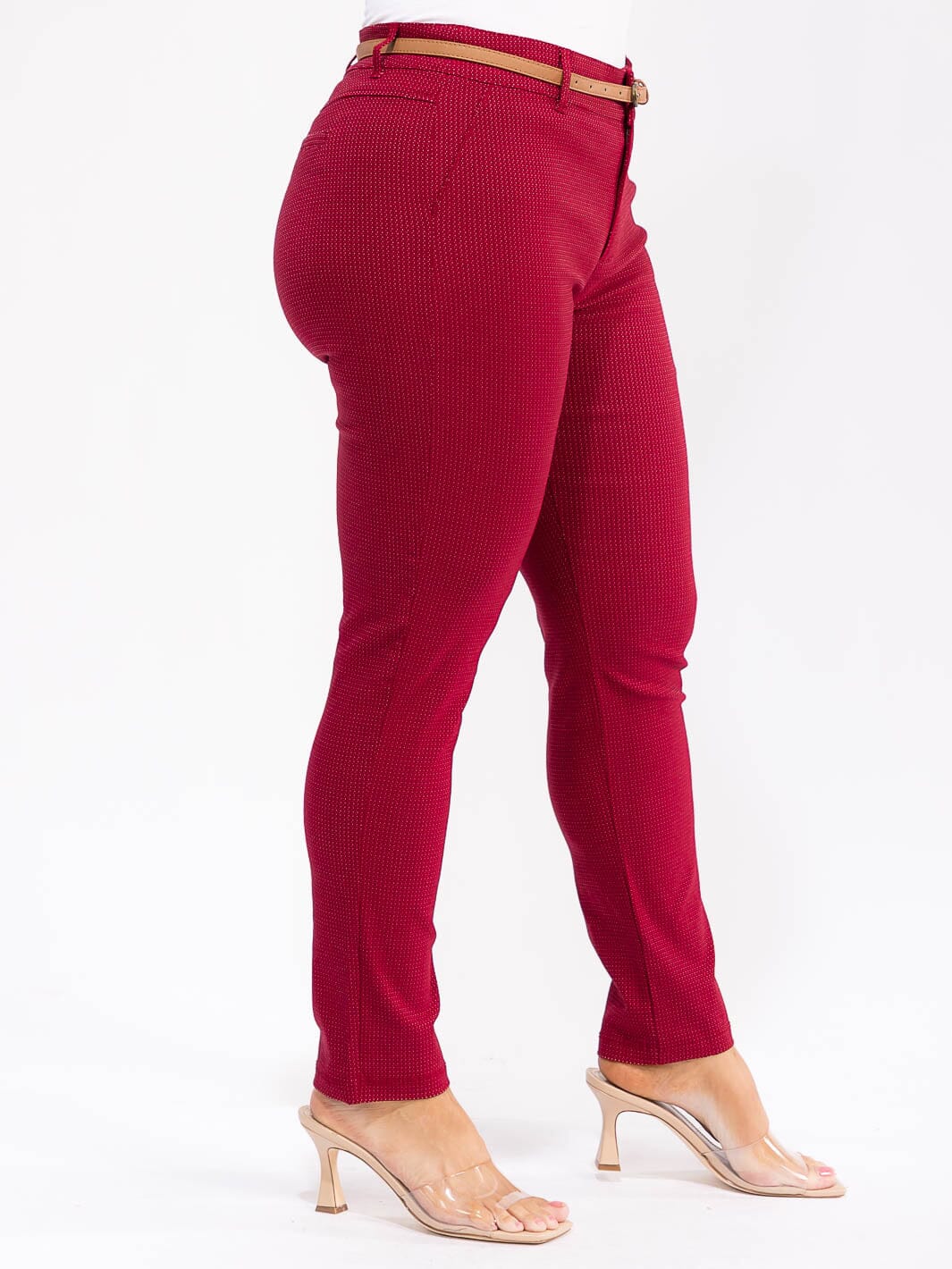 PLUS SIZE BUTTON CLOSURE BELTED SKINNY LEG PANTS