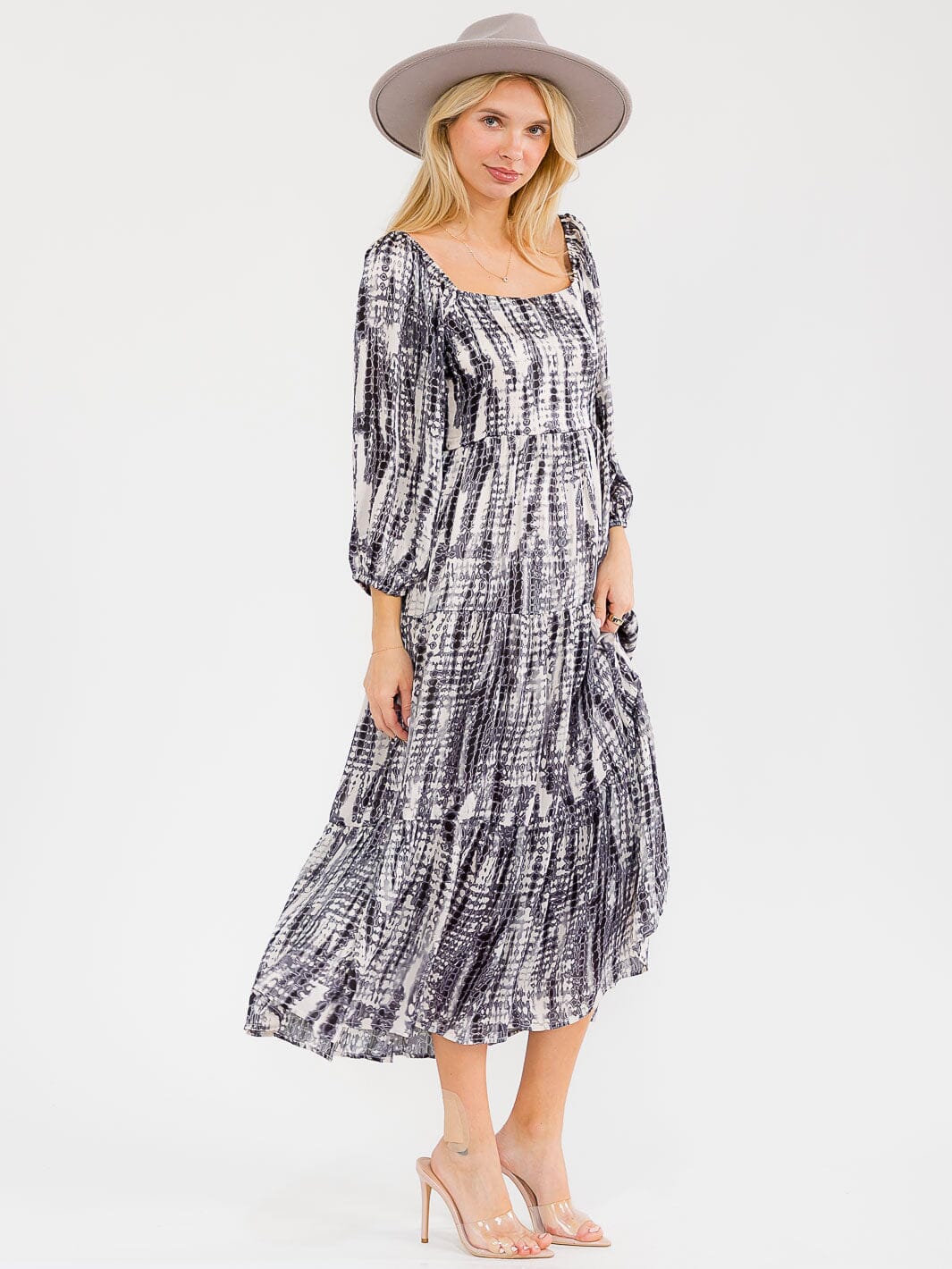 WOMEN'S 3/4 SLEEVES SQUARE NECK SMOCK ANIMAL PRINT MAXI DRESS