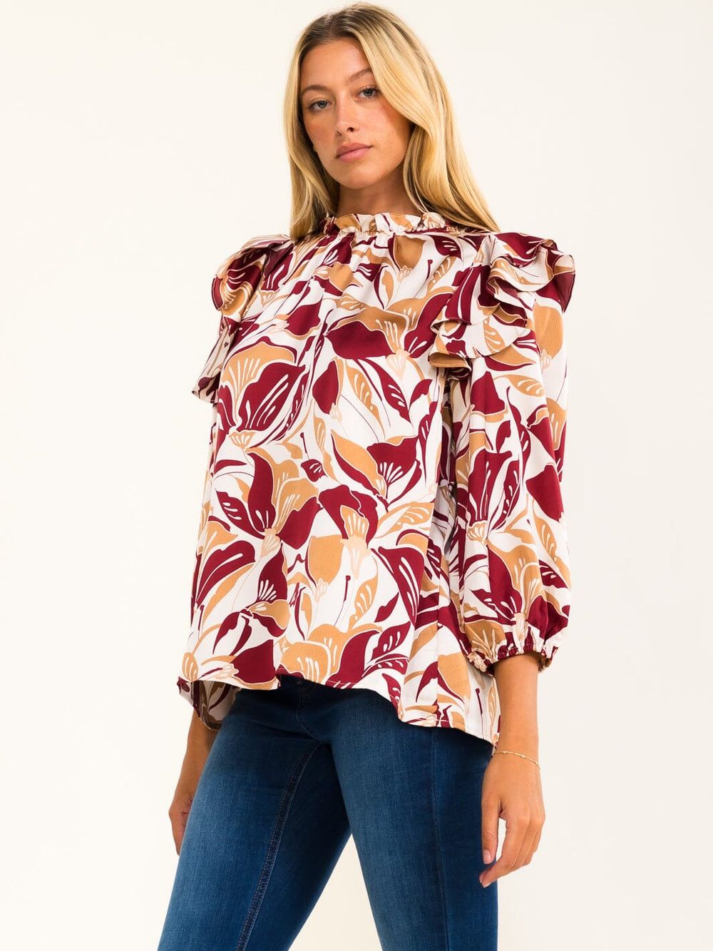 ENTRO WOMEN'S 3/4 SLEEVE RUFFLE FLORAL PRINT BLOUSE
