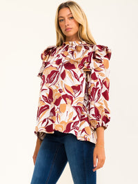 ENTRO WOMEN'S 3/4 SLEEVE RUFFLE FLORAL PRINT BLOUSE