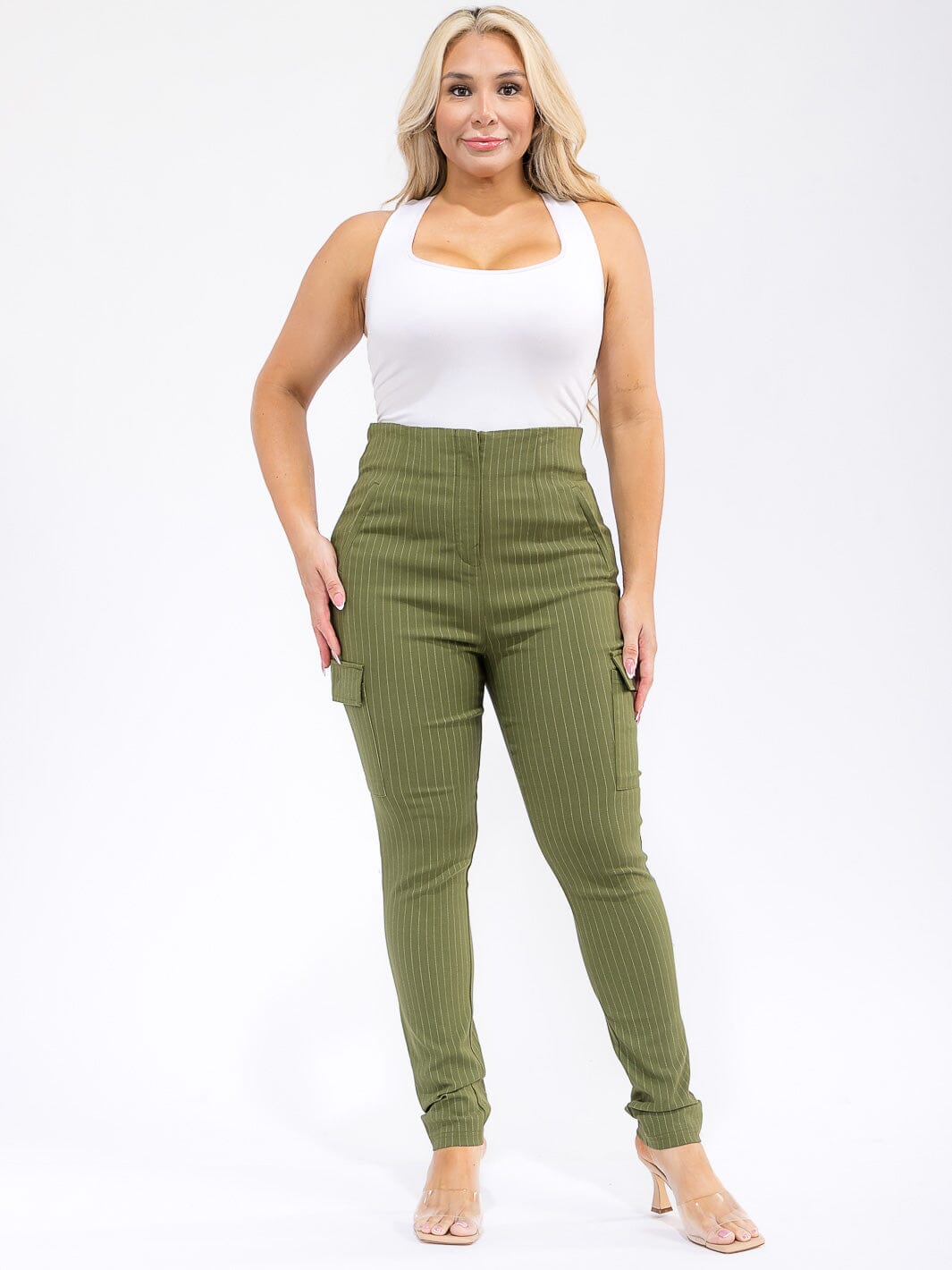 PLUS SIZE BUTTON CLOSURE CARGO POCKETS SKINNY LEG STRIPES PANTS