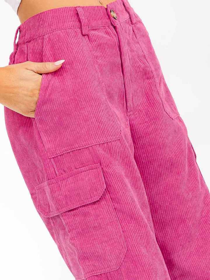 WOMEN'S BUTTON CLOSURE CARGO POCKETS WIDE LEG CORDUROY PANTS