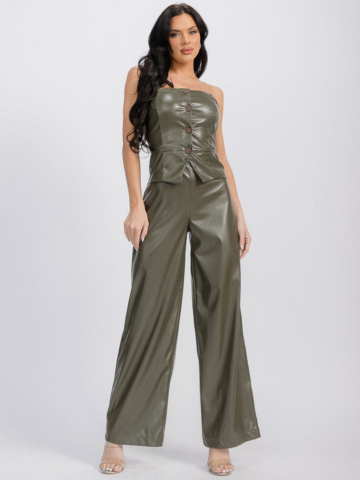 WOMEN'S SLEEVELESS PU PLEATHER WIDE LEG JUMPSUIT