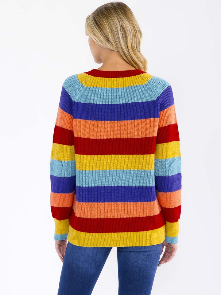 WOMEN'S LONG SLEEVE COLORBLOCK STRIPES PULLOVER KNIT SWEATER
