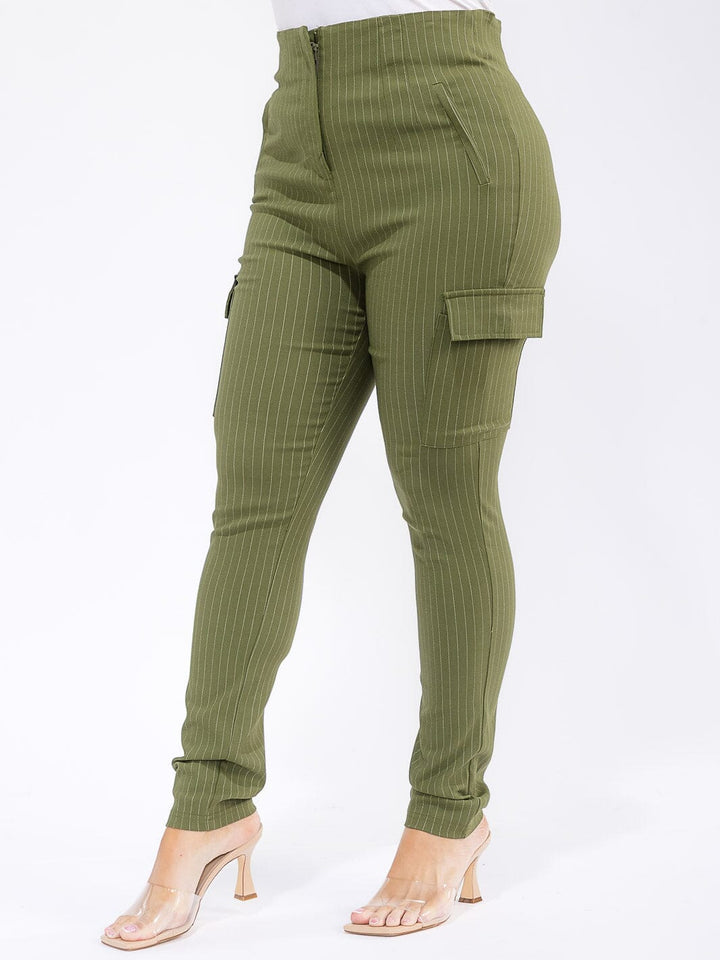 PLUS SIZE BUTTON CLOSURE CARGO POCKETS SKINNY LEG STRIPES PANTS