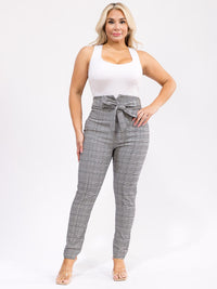 PLUS SIZE ZIPPER CLOSURE SELF TIE SKINNY LEG PLAID PANTS