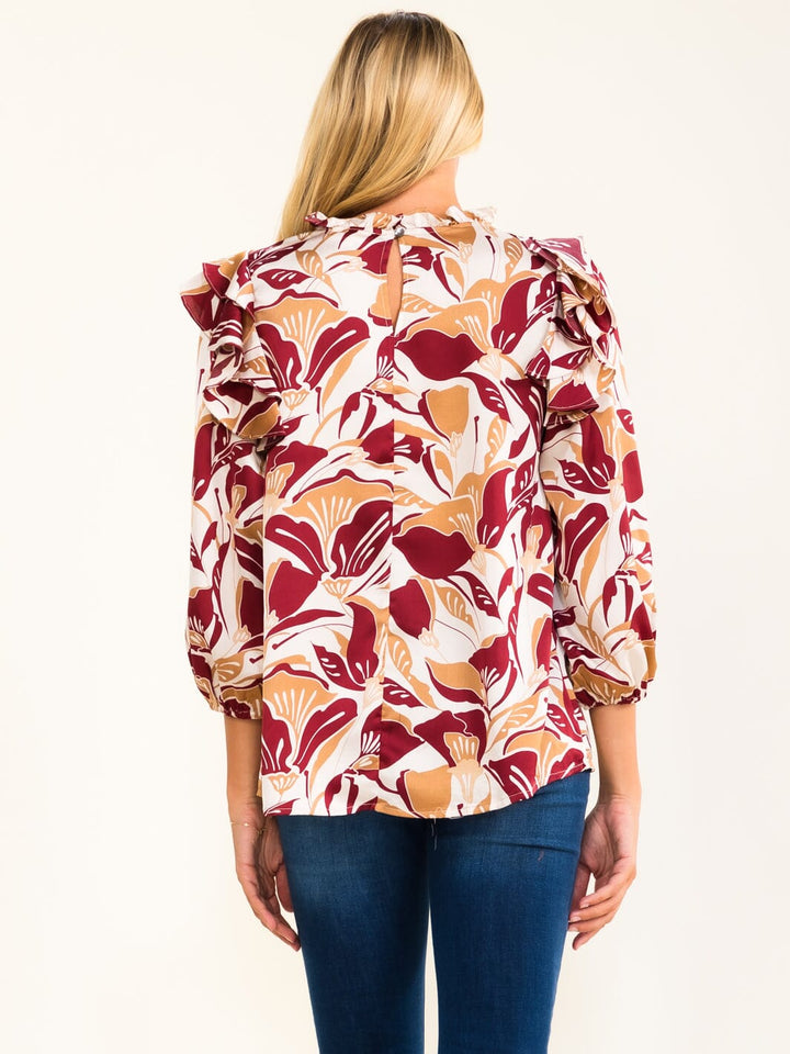 ENTRO WOMEN'S 3/4 SLEEVE RUFFLE FLORAL PRINT BLOUSE