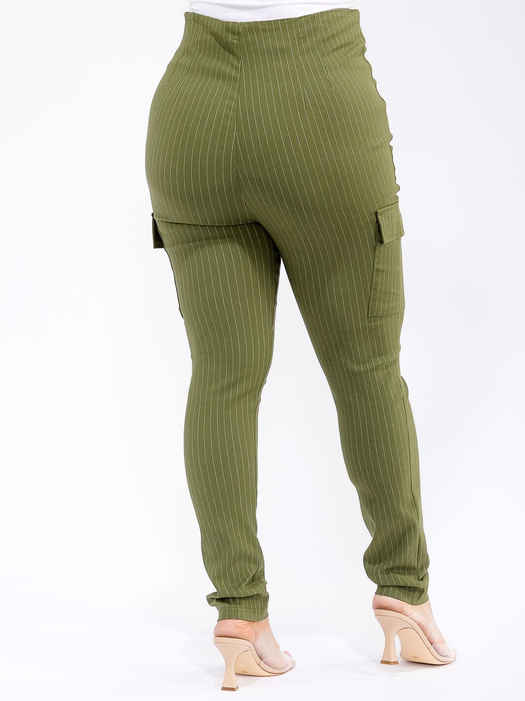 PLUS SIZE BUTTON CLOSURE CARGO POCKETS SKINNY LEG STRIPES PANTS