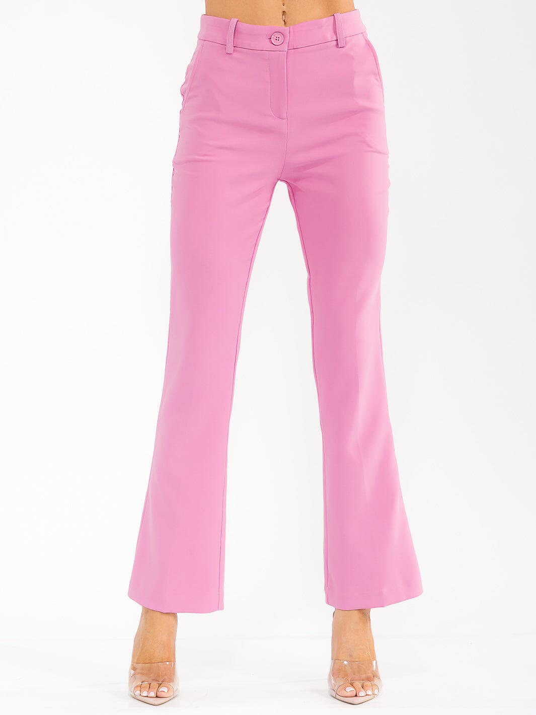 WOMEN'S BUTTON CLOSURE FRONT POCKET STRETCH WIDE LEG PANTS